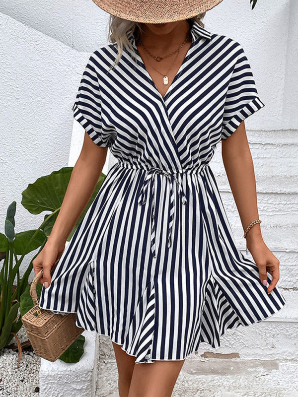 Striped Lapel Shirt Dress – Lightweight Spring-Summer Casual Style