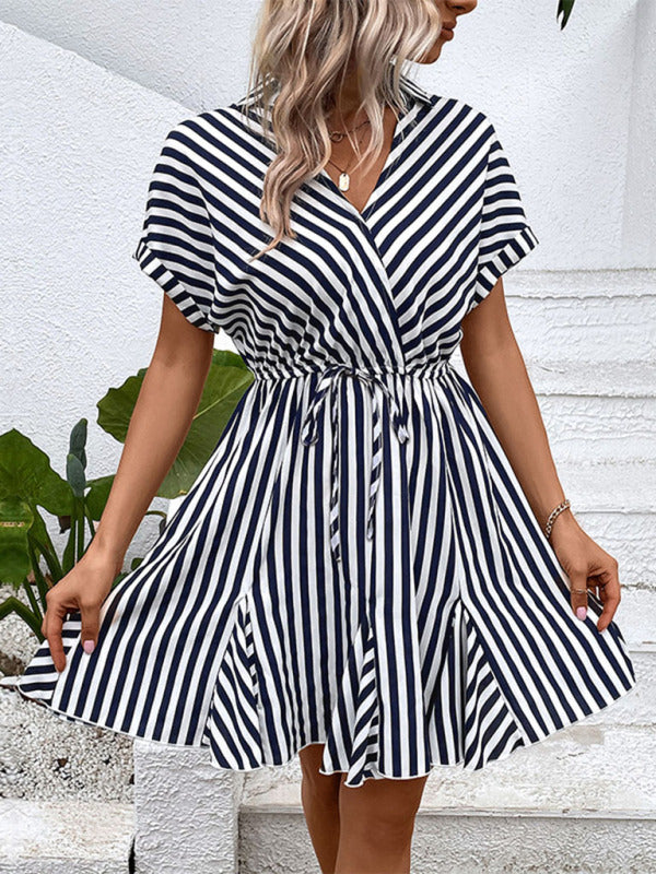 Striped Lapel Shirt Dress – Lightweight Spring-Summer Casual Style