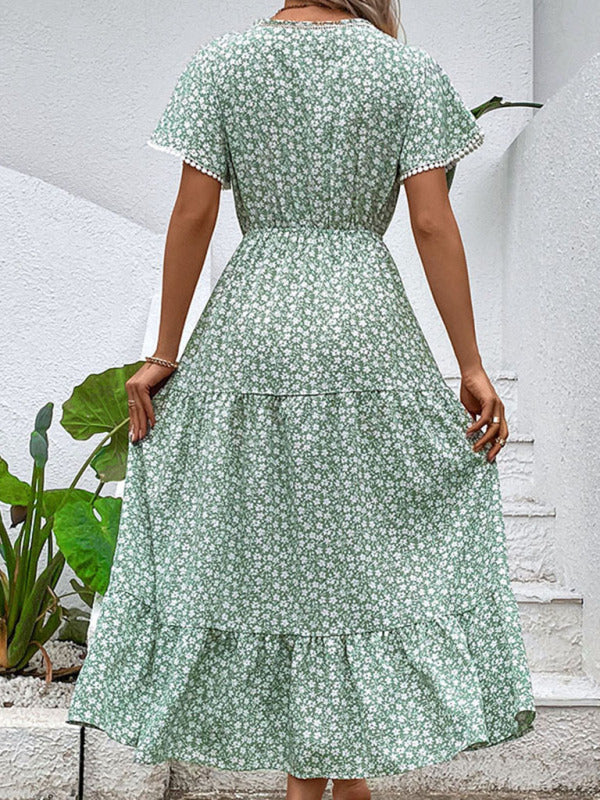 Floral V-Neck Waist-Tie Maxi Dress – Green Woven Polyester, Romantic Fit