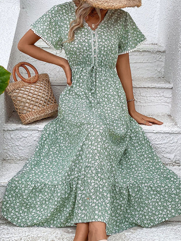 Floral V-Neck Waist-Tie Maxi Dress – Green Woven Polyester, Romantic Fit