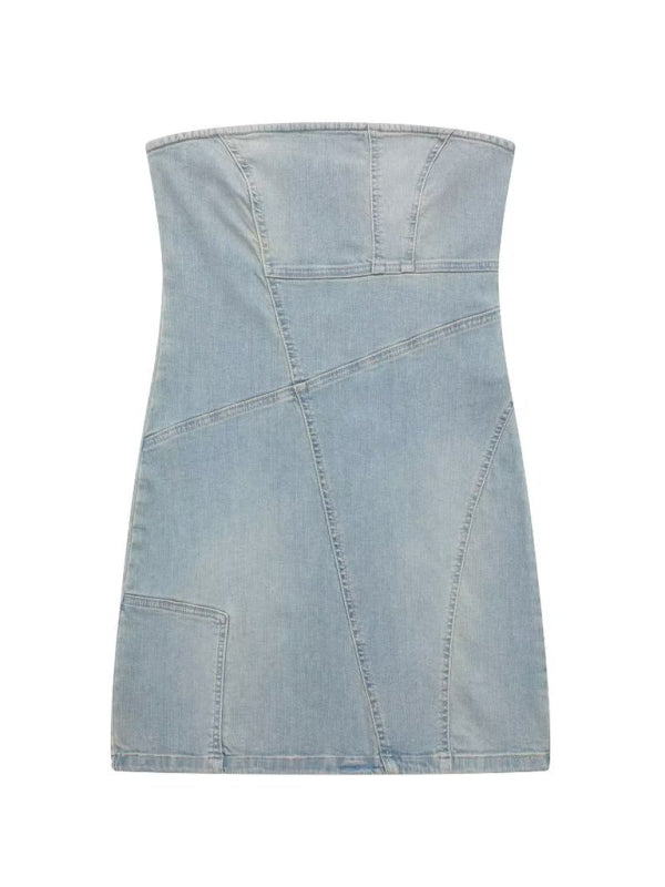 Patchwork Denim Tube Top Dress – Sexy Strapless Bandeau Style for Spring & Summer