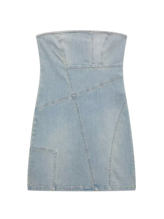 Patchwork Denim Tube Top Dress – Sexy Strapless Bandeau Style for Spring & Summer
