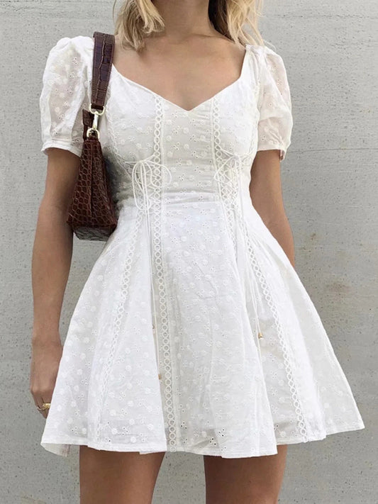 Lace Embroidered Low Cut Puff Sleeve Dress – Square Neck & Boho Style