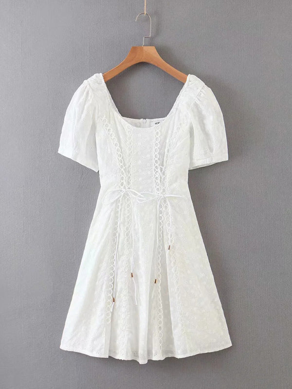 Lace Embroidered Low Cut Puff Sleeve Dress – Square Neck & Boho Style