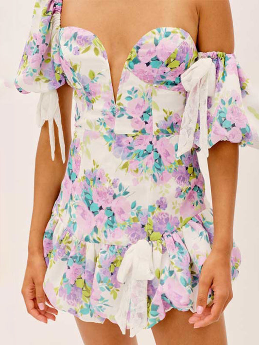 Asymmetric Puff Sleeve Boho Lace Dress – Ruffled Skirt, Spring-Summer Look