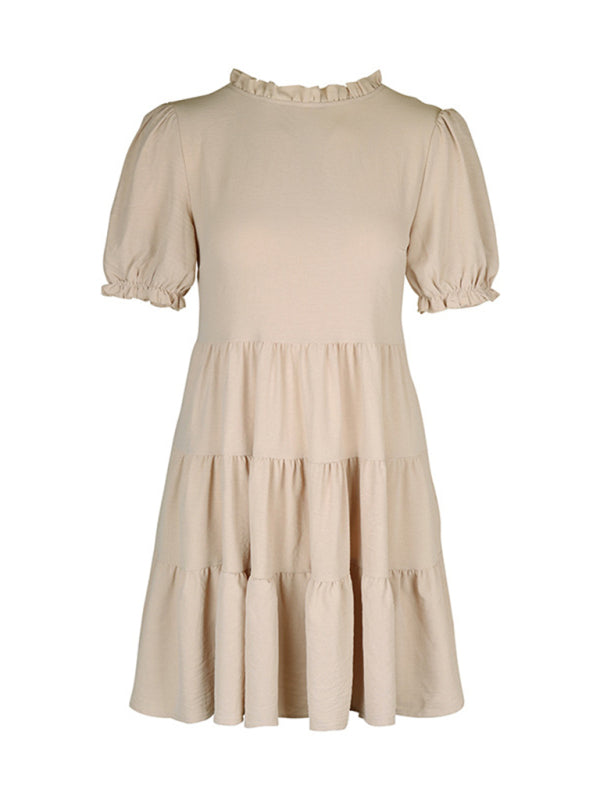 Pleated Puff Sleeve Dress – Multilayer Loose Fit with Slant Pockets