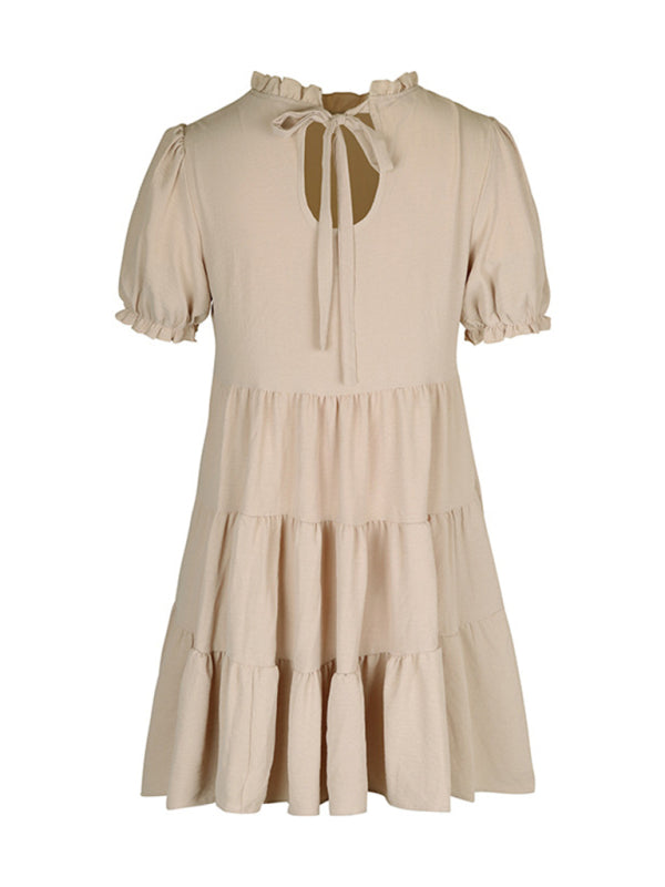 Pleated Puff Sleeve Dress – Multilayer Loose Fit with Slant Pockets