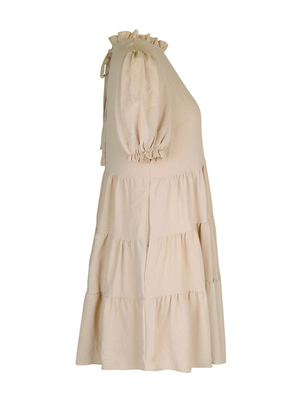 Pleated Puff Sleeve Dress – Multilayer Loose Fit with Slant Pockets
