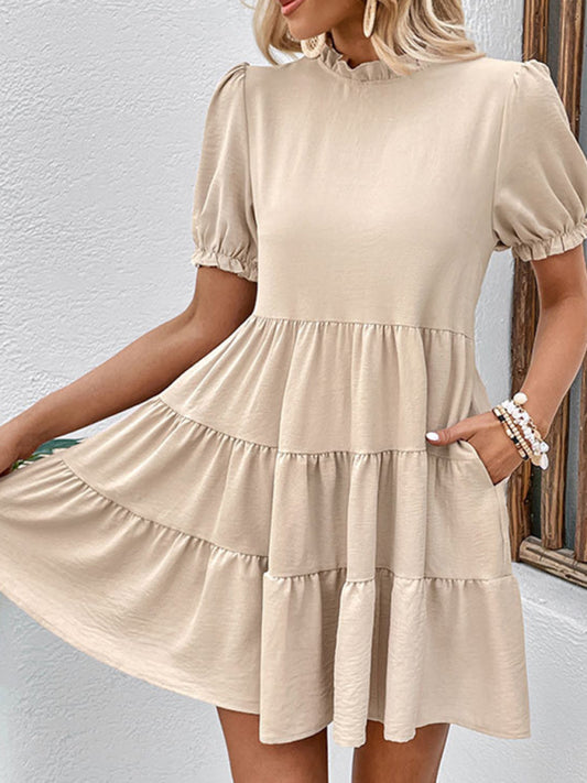 Pleated Puff Sleeve Dress – Multilayer Loose Fit with Slant Pockets