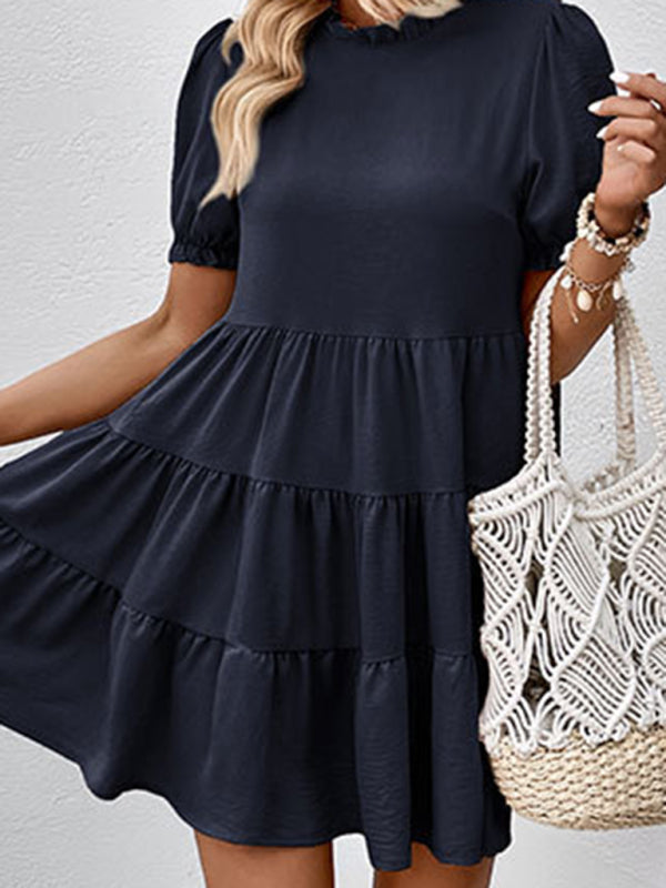 Pleated Puff Sleeve Dress – Multilayer Loose Fit with Slant Pockets