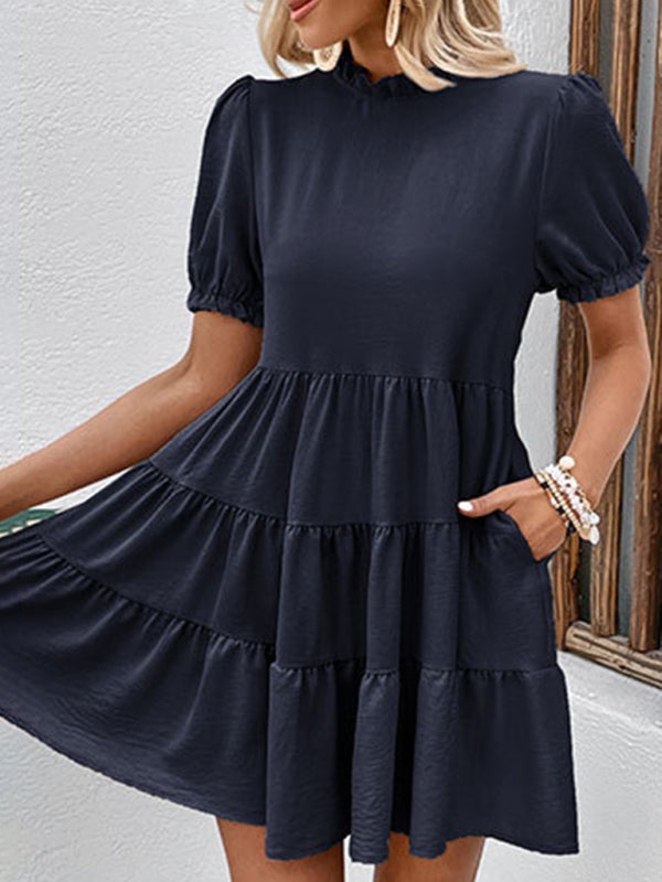 Pleated Puff Sleeve Dress – Multilayer Loose Fit with Slant Pockets