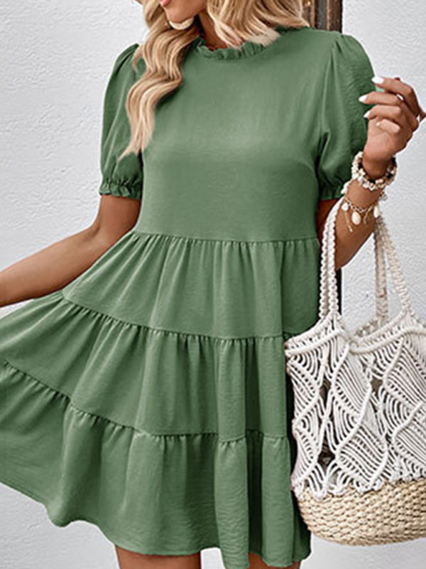 Pleated Puff Sleeve Dress – Multilayer Loose Fit with Slant Pockets
