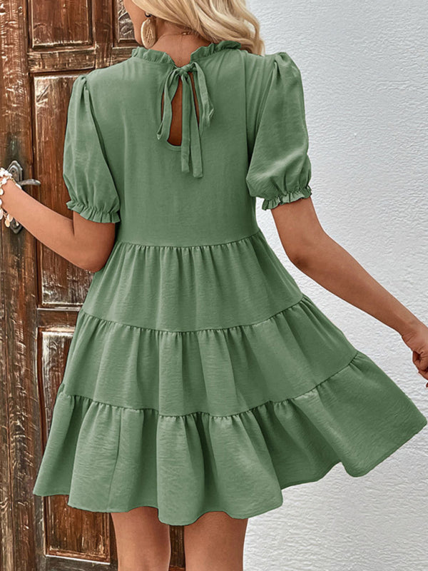 Pleated Puff Sleeve Dress – Multilayer Loose Fit with Slant Pockets