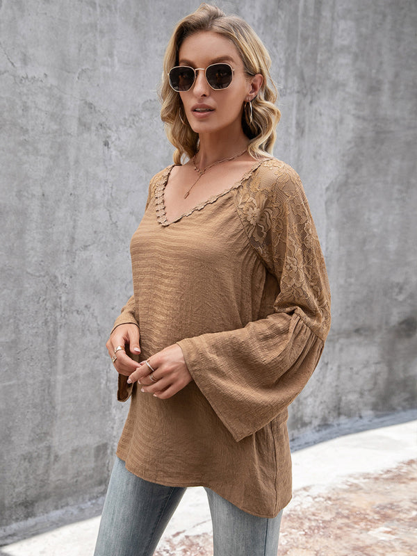 Lace V-Neck Long Sleeve Blouse for Women