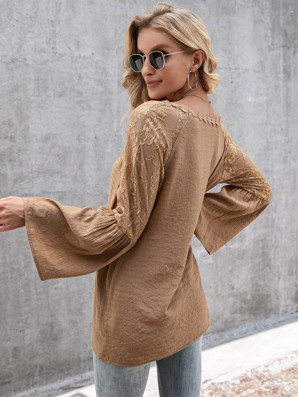 Lace V-Neck Long Sleeve Blouse for Women