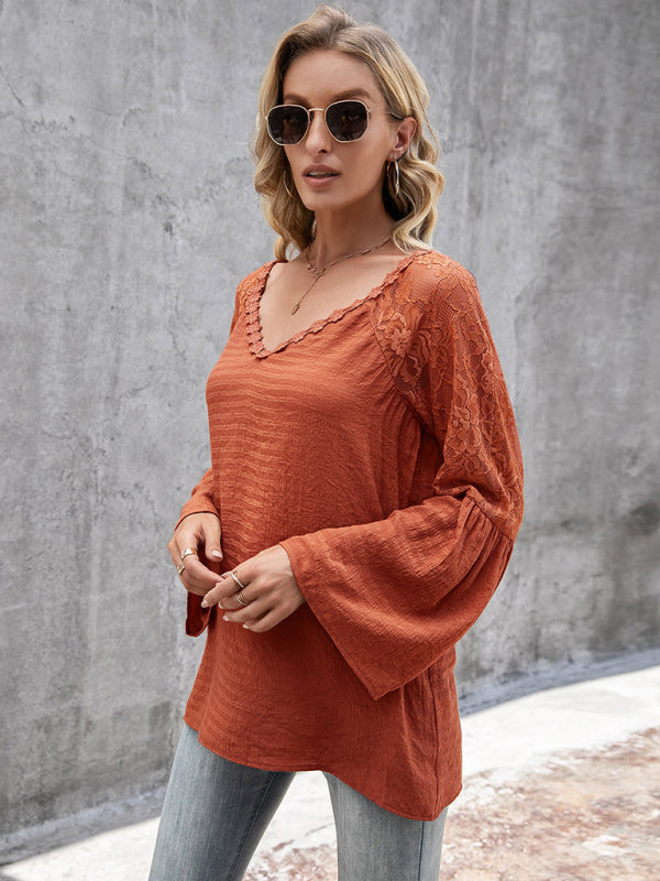 Lace V-Neck Long Sleeve Blouse for Women