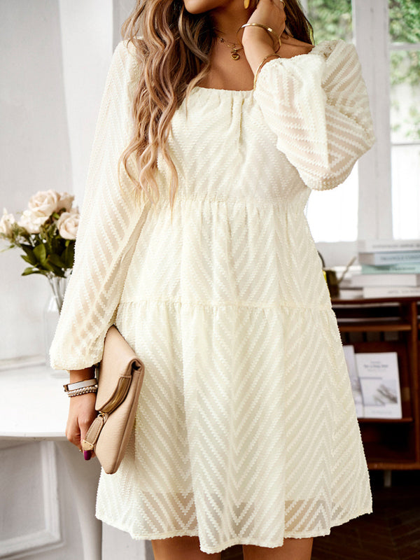 Elegant Long Sleeve Waist Dress – Graceful Self-Design Fit for Spring & Summer