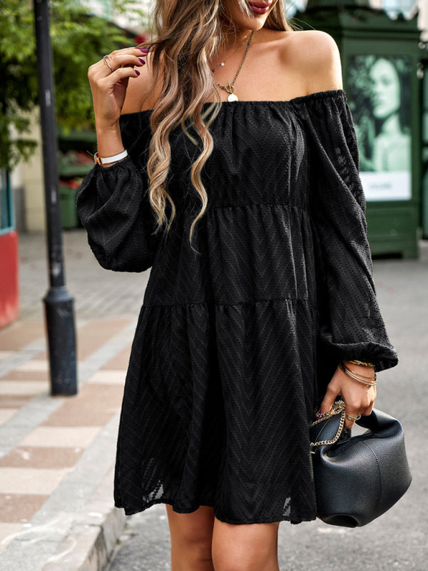 Elegant Long Sleeve Waist Dress – Graceful Self-Design Fit for Spring & Summer
