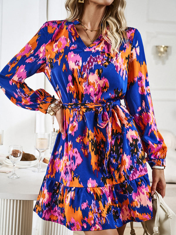 Elegant V-Neck Midi Dress with Adjustable Belt – Printed Spring Summer Style