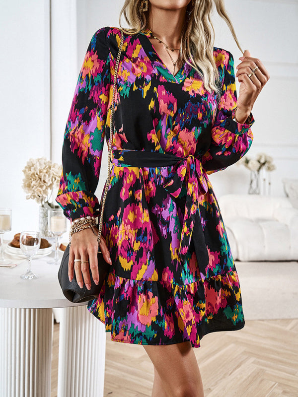 Elegant V-Neck Midi Dress with Adjustable Belt – Printed Spring Summer Style