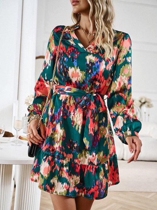 Elegant V-Neck Midi Dress with Adjustable Belt – Printed Spring Summer Style