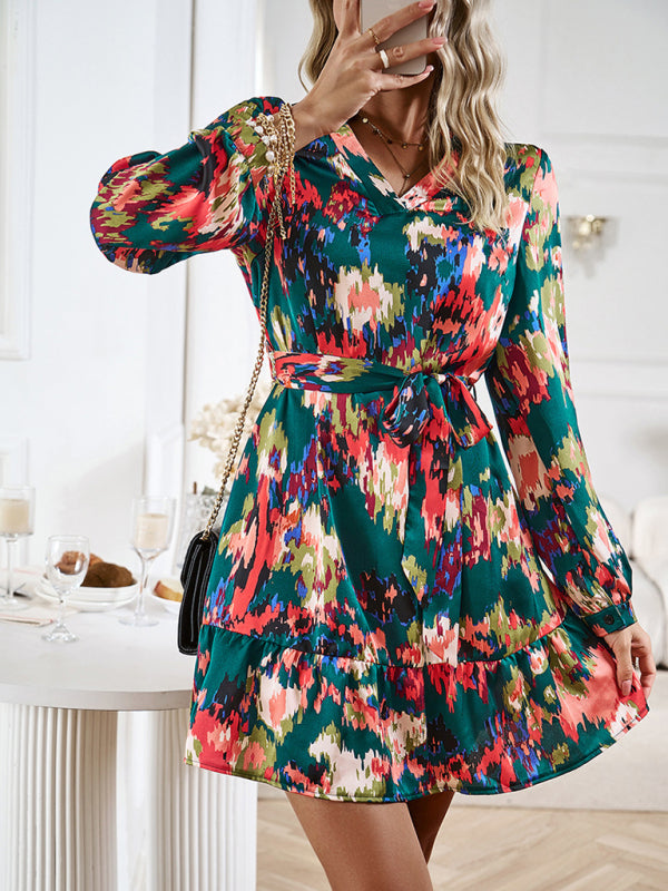 Elegant V-Neck Midi Dress with Adjustable Belt – Printed Spring Summer Style