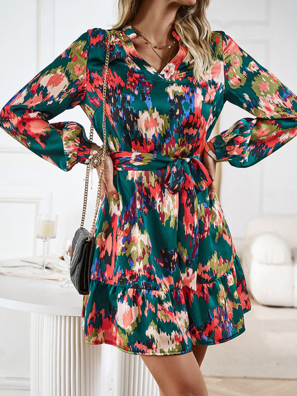 Elegant V-Neck Midi Dress with Adjustable Belt – Printed Spring Summer Style