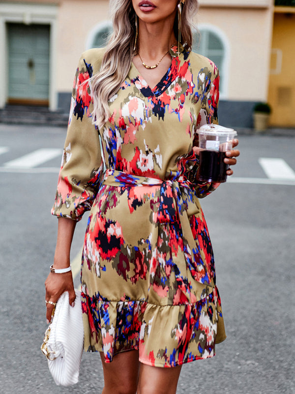 Elegant V-Neck Midi Dress with Adjustable Belt – Printed Spring Summer Style