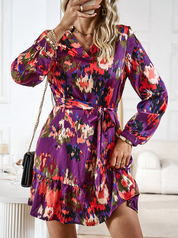 Elegant V-Neck Midi Dress with Adjustable Belt – Printed Spring Summer Style