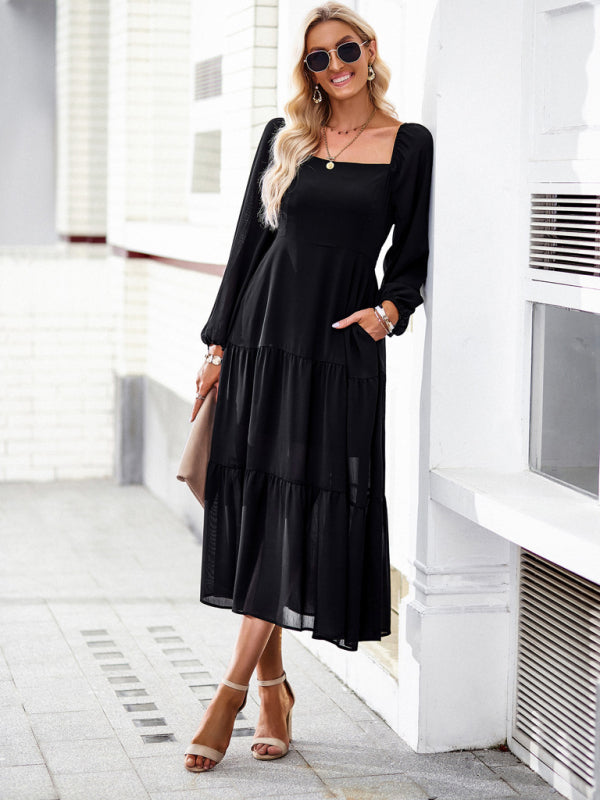 Graceful Multi-Layer Long Skirt with Square Neckline – Spring Elegance