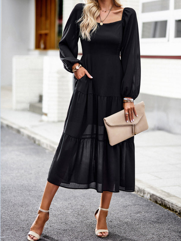 Graceful Multi-Layer Long Skirt with Square Neckline – Spring Elegance