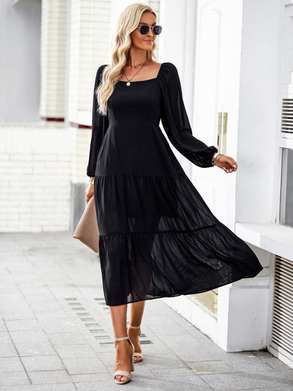 Graceful Multi-Layer Long Skirt with Square Neckline – Spring Elegance