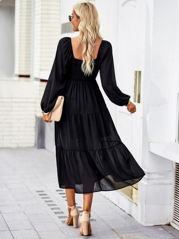 Graceful Multi-Layer Long Skirt with Square Neckline – Spring Elegance