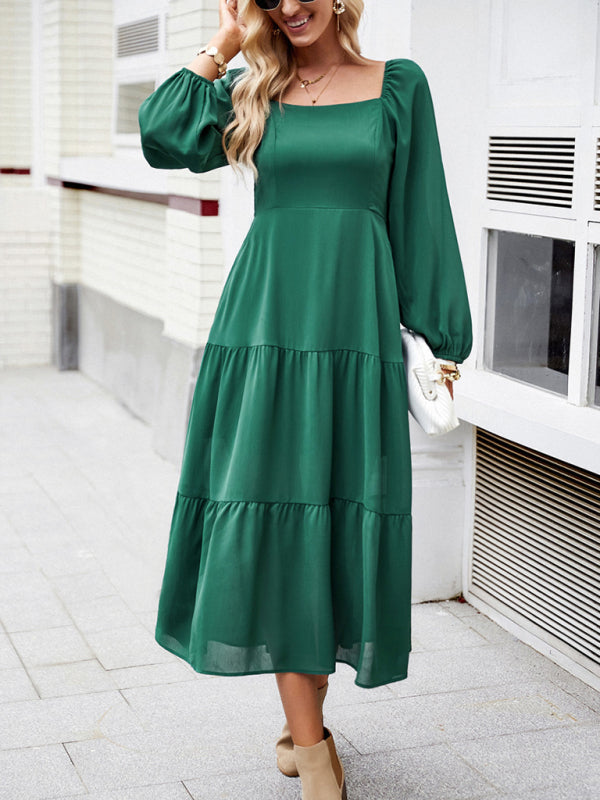Graceful Multi-Layer Long Skirt with Square Neckline – Spring Elegance