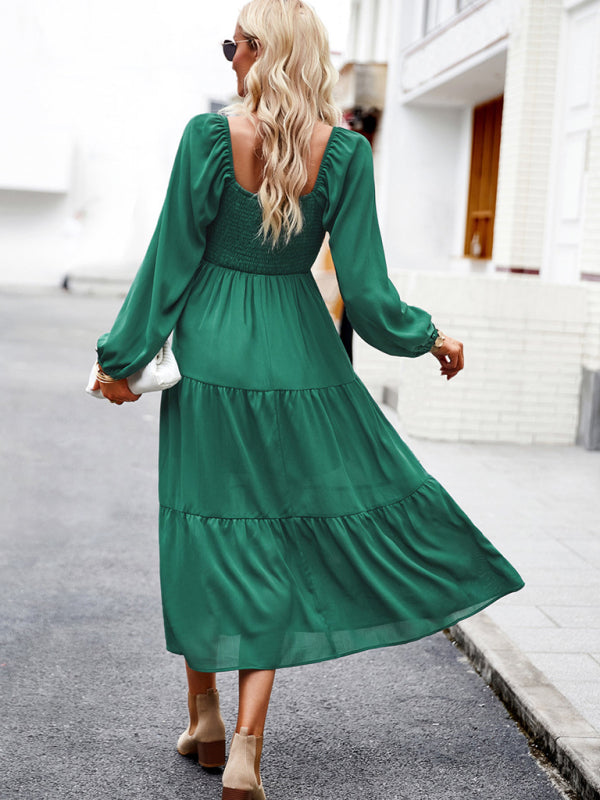 Graceful Multi-Layer Long Skirt with Square Neckline – Spring Elegance