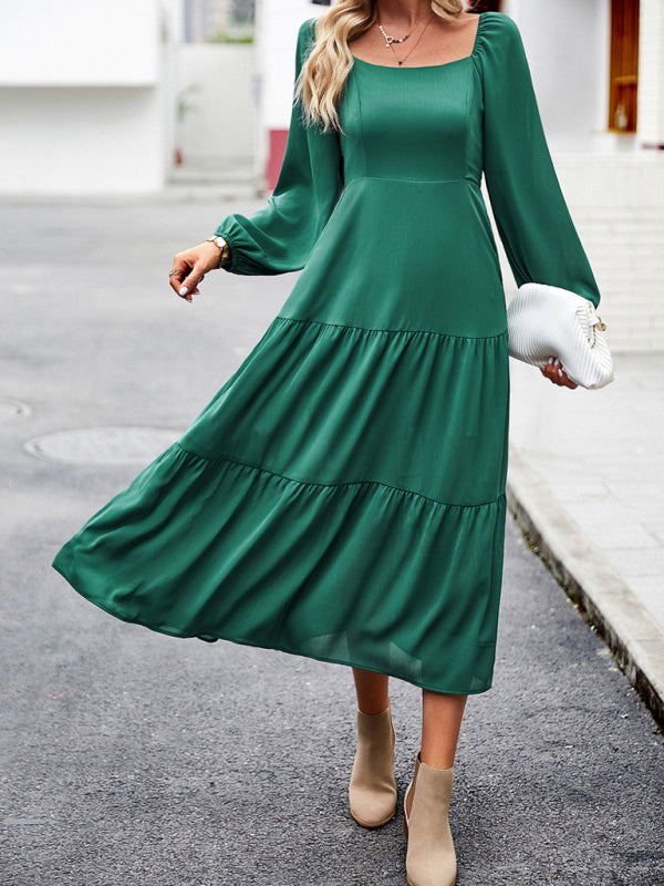Graceful Multi-Layer Long Skirt with Square Neckline – Spring Elegance