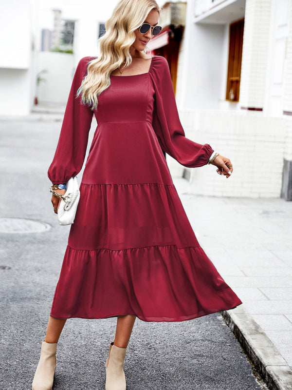 Graceful Multi-Layer Long Skirt with Square Neckline – Spring Elegance