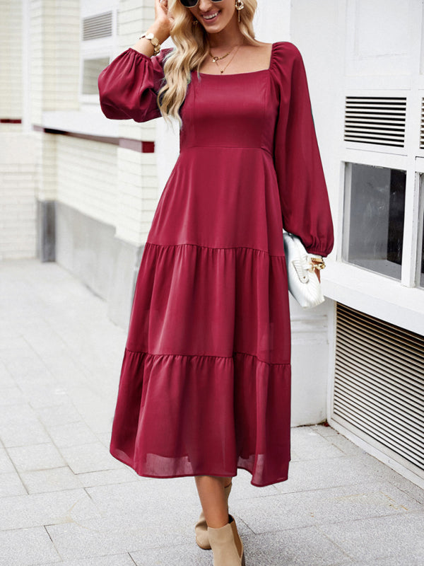 Graceful Multi-Layer Long Skirt with Square Neckline – Spring Elegance