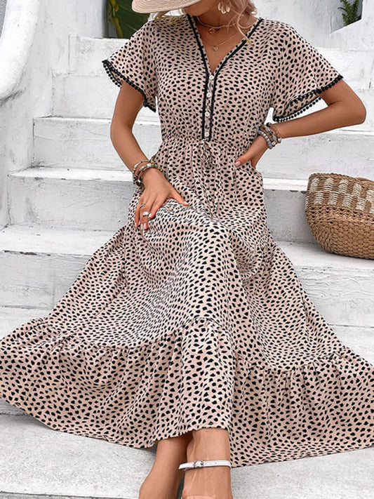 Cracker Khaki V-Neck Printed Midi Dress – Lightweight Woven Grace Style