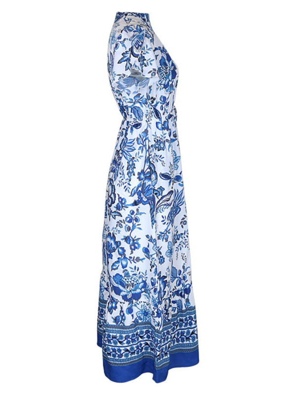 Blue Printed Slim Dress – Spring Summer Graceful Fit, Woven Fabric