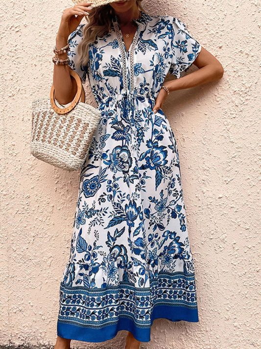 Blue Printed Slim Dress – Spring Summer Graceful Fit, Woven Fabric