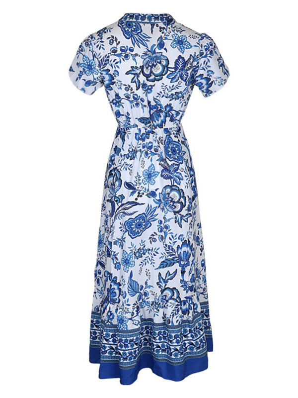 Blue Printed Slim Dress – Spring Summer Graceful Fit, Woven Fabric