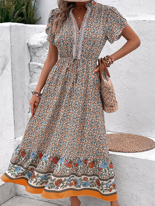 Boho V-Neck Floral Maxi Dress – Lightweight Ethnic Print, Khaki