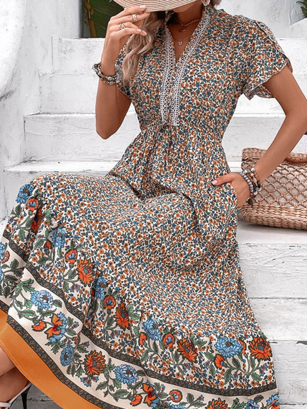Boho V-Neck Floral Maxi Dress – Lightweight Ethnic Print, Khaki