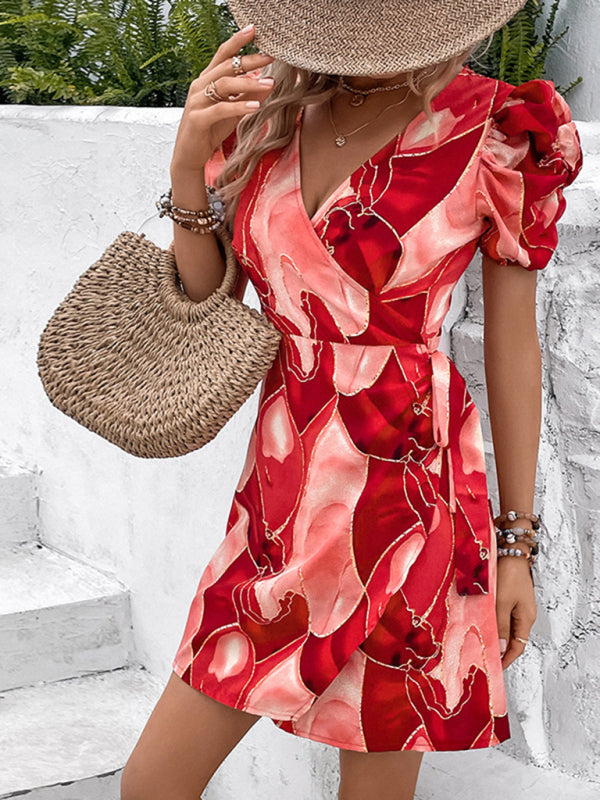 Floral V-Neck One-Piece Dress – Woven Polyester, Spring-Summer Style