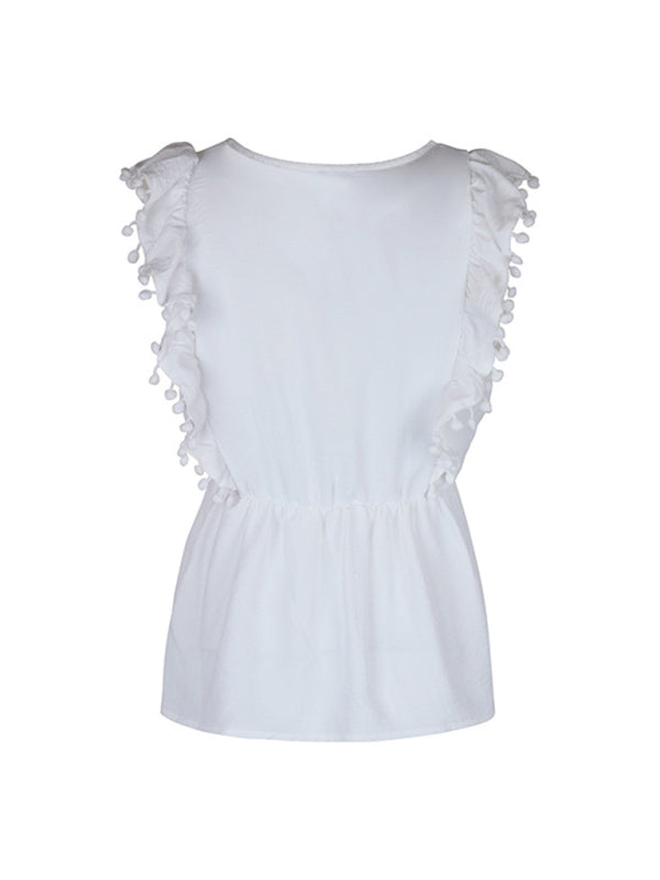 Women's White Sleeveless Embroidered Blouse