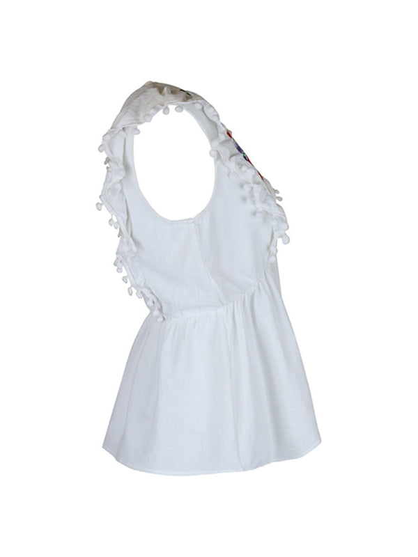 Women's White Sleeveless Embroidered Blouse