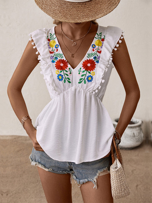 Women's White Sleeveless Embroidered Blouse