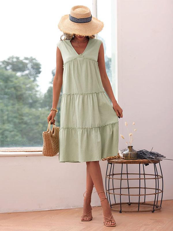 Solid Sleeveless Woven Dress – Elegant Fit for Spring & Summer | Green