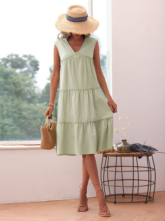 Solid Sleeveless Woven Dress – Elegant Fit for Spring & Summer | Green